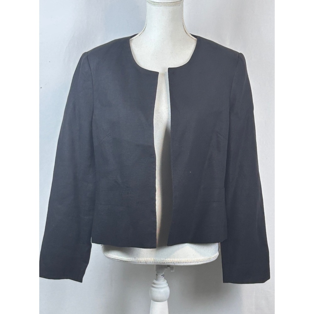 Talbots Irish Linen Blazer Women 14 Black Collarless Open Front Textured Jacket